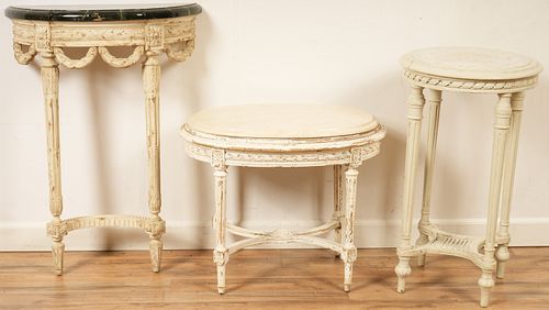 3 Louis XVI Style White Painted Tables and Console