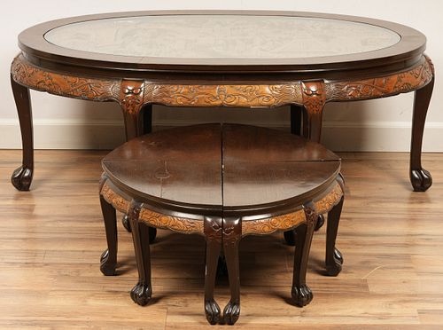 Chinese Carved Low Table With Stools