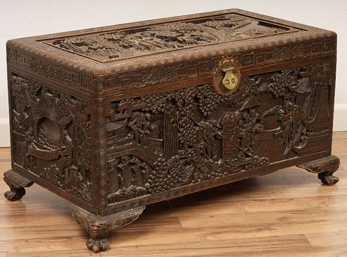 Chinese Relief Carved Wooden Trunk
