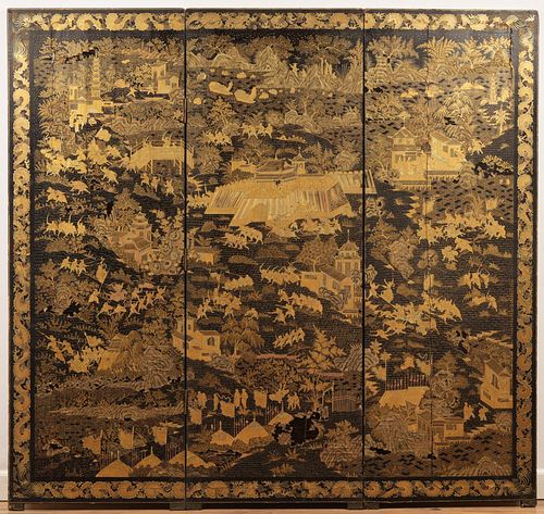 19th C. Chinese Laquered And Gilt Floor Screen