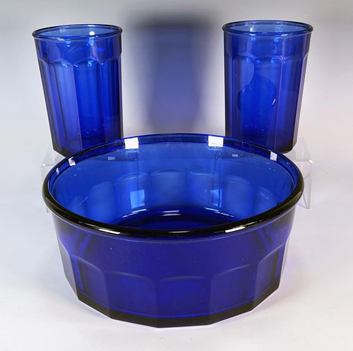 ARCOROC FRANCE COBALT BLUE GLASS SERVING BOWL & TWO TUMBLERS