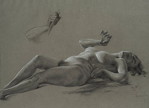 C. WALTHER (1880-1956), Reclining female nude, Charcoal