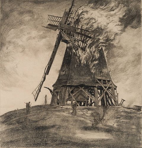 C. WALTHER (1880-1956), The mill fire, Charcoal