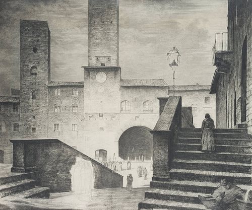 C. WALTHER (1880-1956), Palazzo del Podestà in San Gimignano, Pencil