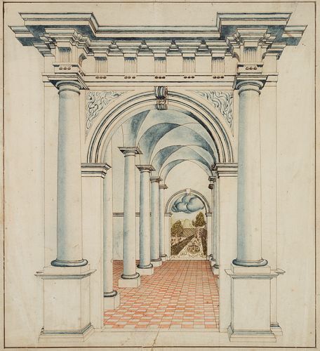 Unknown (18th), Columned hall, around 1720, Pen drawing
