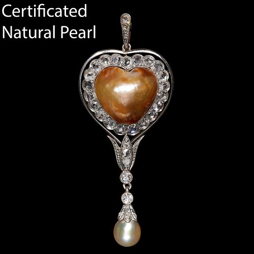 CERTIFICATED NATURAL PEARL AND DIAMOND DROP PENDANT