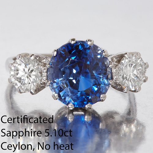 IMPORTANT CERTIFICATED CEYLON SAPPHIRE AND DIAMOND 3-STONE RING