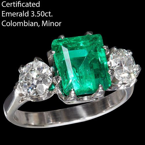 FINE CERTIFICATED COLOMBIAN EMERALD AND DIAMOND THREE STONE RING 