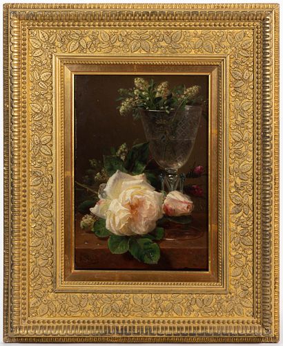 JEAN-BAPTISTE ROBIE (BELGIAN, 1821-1910) STILL LIFE WITH ROSES AND CHALICE