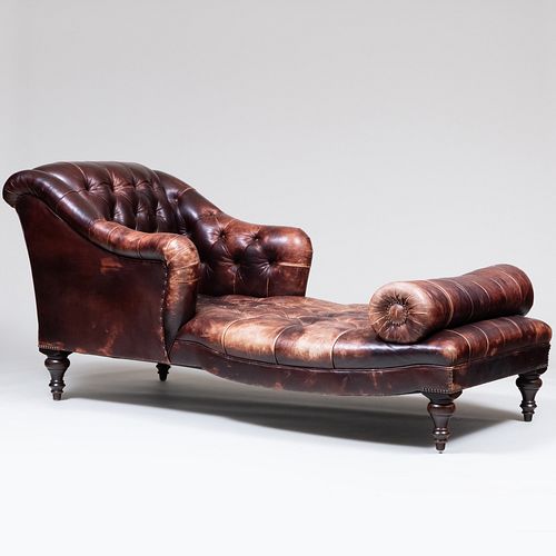 George Smith Stained Wood and Tufted Leather 'Aspinall' Chaise Longue