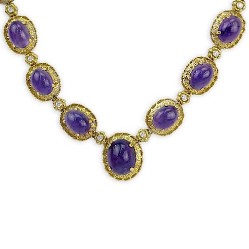 Vintage Sixteen (16) Graduated Cabochon Amethyst and 18 Karat Yellow Gold Necklace with Diamond Accents