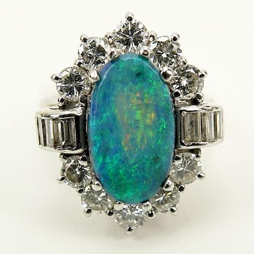 Oval Cabochon Black Opal, Approx. 2.0 Carat Diamond and Platinum Ring
