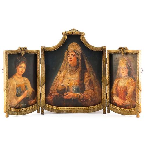 After: Konstantin Egorovich Makovsky, Russian (1839-1915) Oil on Canvas Laid on Board, Portrait Triptych in Carved and Gilt W
