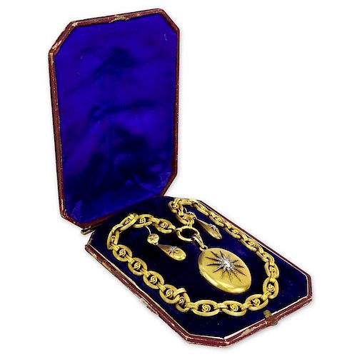 Important Georgian English  Rose Cut Diamond and 19 Karat Yellow Gold Pendant Locket Necklace and Earring Suite in fitted box