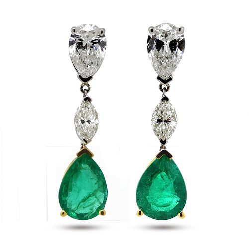 Two (2) Pear-shape Earrings; Fine Emeralds w/Diamonds