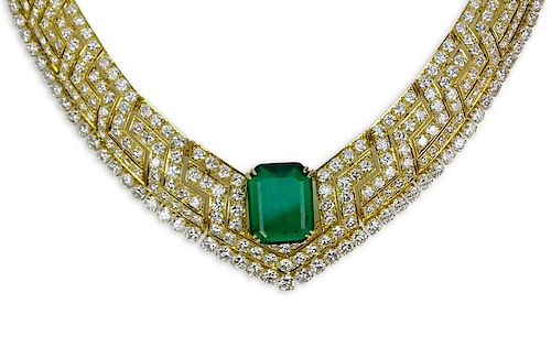 9.23 Carat Emerald Cut Colombian Emerald, 50.0 Carat Round Brilliant Cut Diamond and 18 Karat Yellow Gold Necklace