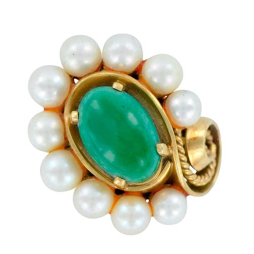 Designer 18K Yellow Gold Jade and Pearls Ring