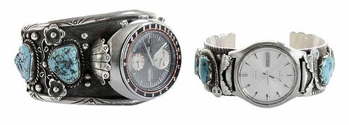 Two Southwestern Silver Cuff Watches