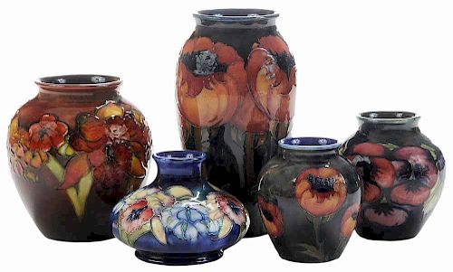 Five Moorcroft Pottery Vases