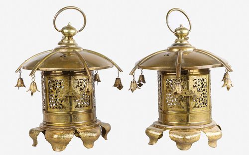 Pair Vintage Japanese Etched Brass Lanterns