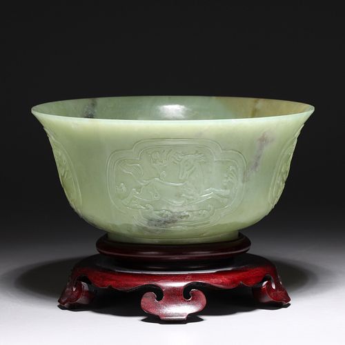 Large Chinese Carved Celadon Jade Bowl