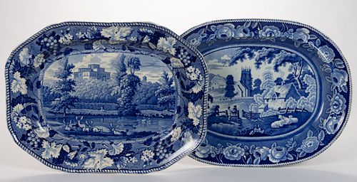 STAFFORDSHIRE BRITISH VIEW TRANSFER-PRINTED CERAMIC PLATTERS, LOT OF TWO