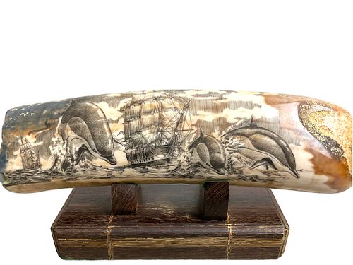 Nautical Scrimshaw Ships & Dolphins Signed Ray Peters