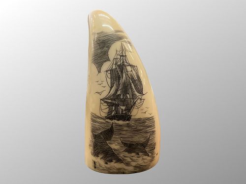 Nautical Scrimshaw Whales Tooth Ship Chasing Whale Tails