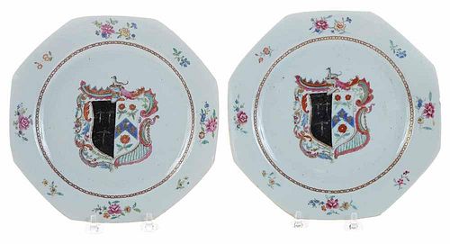 Pair Chinese Armorial Octagonal Plates