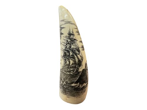 Nautical Scrimshaw Tooth Diving Whale with Ship