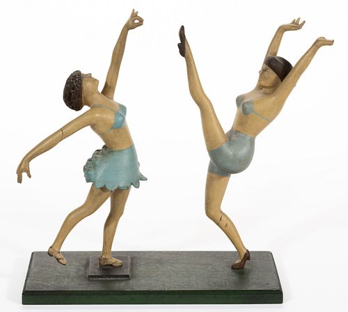 AMERICAN FOLK ART CARVED AND PAINTED BATHING BEAUTY-STYLE FIGURAL DANCER GROUP