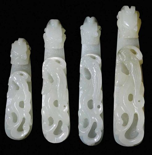 Four Celadon Jade Carved Dragon-Form