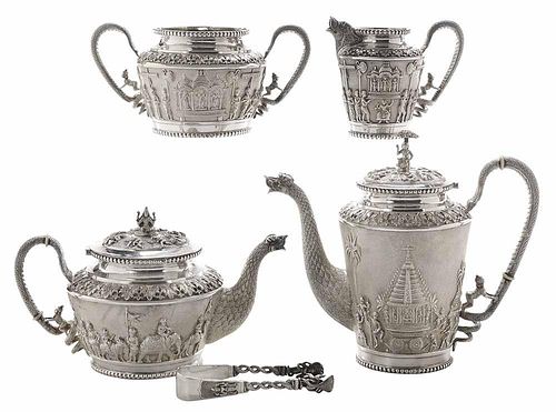 Burmese Decorated Silver Tea Service,