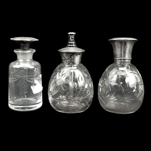 Three Vintage Glass and Sterling Perfume Bottles