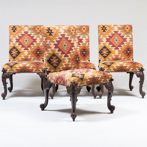 Set of Four George III Style Carved Mahogany Upholstered Side Chairs  