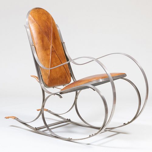 Stainless Steel and Leather Rocking Chair, in the Manner of Thonet 