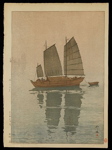 Large Hiroshi Yoshida "Sailing Boats, Mist" Jizuri