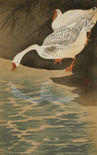 Ohara Koson "Geese on the Bank" Woodblock Print