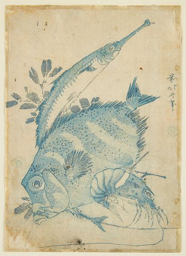Katsushika Hokusai "Two Fish and Shrimp" Woodblock