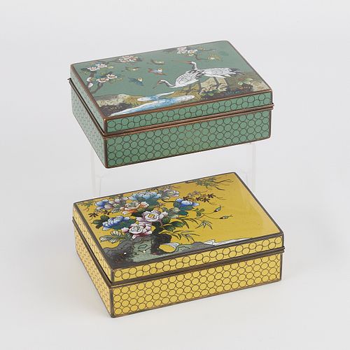Group of 2 Japanese Yellow & Green Cloisonne Boxes
