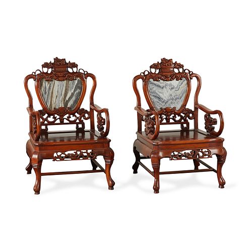 Pr Chinese Anglo Export Armchairs w/ Marble Inset