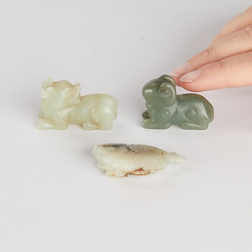 Group of 3 Small Jade Figurines - Dog, Ram, Fish