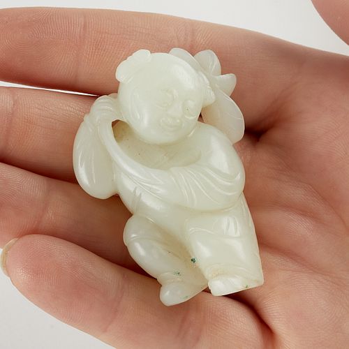 Chinese White Jade Carving of Boy w/ Lotus