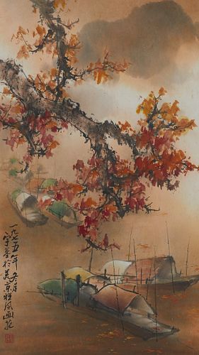 Henry Yu-Kee Woo "Autumn River" Watercolor on Silk