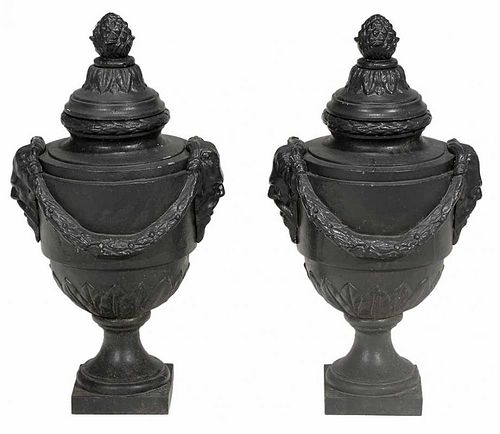 Pair Paint-Decorated Cast Iron Lidded