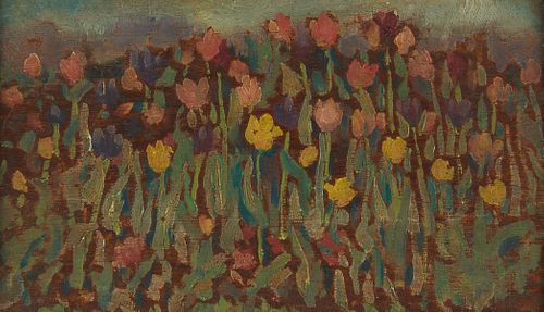 Miniature Tulip Field Oil on Board Painting