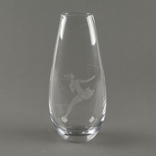 Vicke Lindstrand Kosta Glass Vase w/ Figure Skater