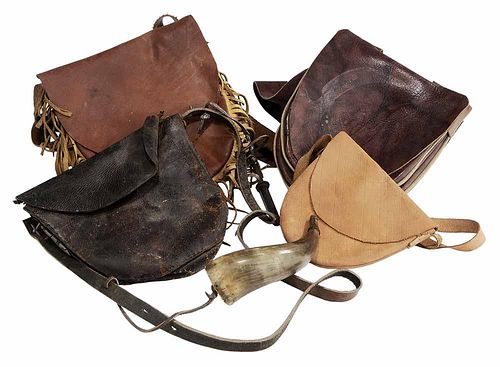 Powder Horn and Four Leather Pouches