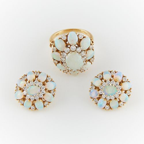 18K Yellow Gold Opal & Diamond Ring & Earrings