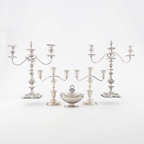 Group of 5 Silver Objects - Candelabras & Vessel